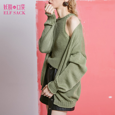 妖精的口袋旗舰店秋装2018新款chic显瘦修身开衫毛衣两件套女套装商品大图