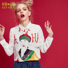 妖精的口袋旗舰店秋季新款韩版宽松趣味印花图案雪纺衬衫女长袖图片