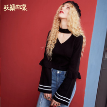 妖精的口袋秋装2018新款荷叶边复古通勤套头修身长袖毛衣女针织衫图片