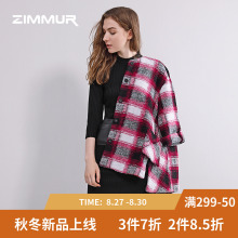ZIMMUR秋冬新款2018羊毛格子外套宽松休闲中款大衣七分袖时尚女图片