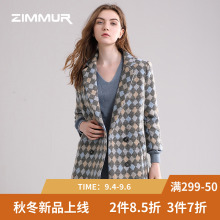 ZIMMUR秋冬新款2018格纹呢大衣宽松西装领中长外套毛呢女OL千鸟格图片