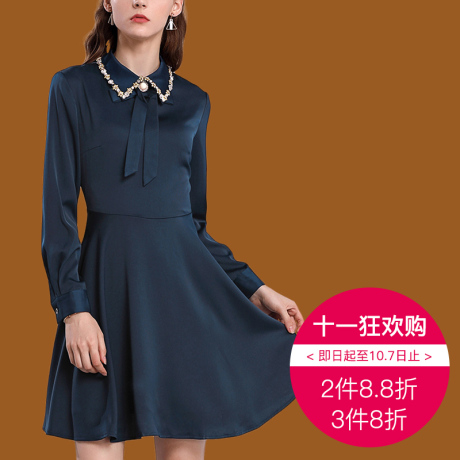 ZIMMUR2018秋冬新款优雅淑女娃娃领修身长袖连衣裙商品大图