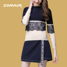 ZIMMUR2018秋冬新款时尚简约百搭蕾丝撞色拼接女士打底套头针织衫图片