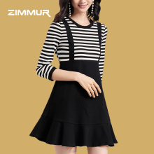 ZIMMUR18年秋装新品 黑白条纹假两件拼接显瘦荷叶优雅连衣裙图片
