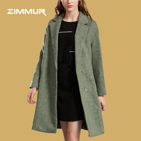ZIMMUR18年冬装新品简约通勤时尚条纹修身暗扣设计中长款毛呢大衣商品大图