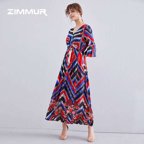 ZIMMUR19夏季女装新款优雅高端条纹舒适透气桑蚕丝真丝连衣裙商品大图