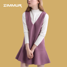 ZIMMUR2018秋季新款 V领修身显瘦荷叶裙摆无袖双面呢宽松连衣裙图片