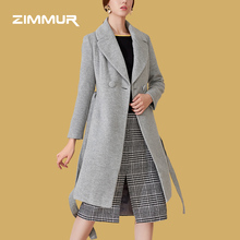 ZIMMUR2018冬季新品 简约绑带腰灰色长袖翻领高端精致毛呢大衣图片
