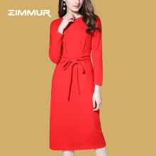 ZIMMUR18年秋冬新品长袖圆领蝴蝶结系带收腰针织女中长包臀连衣裙图片