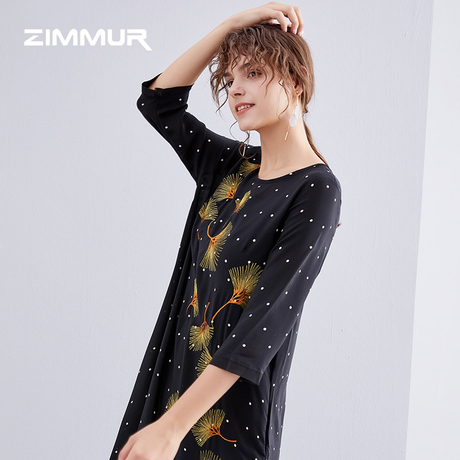 ZIMMUR19夏季新款波点精美刺绣舒适透气宽松桑蚕丝真丝长款连衣裙商品大图