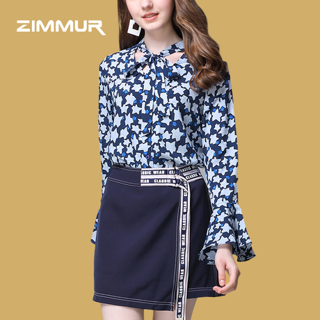 ZIMMUR18秋季新款 舒适蝴蝶结系带领印花雪纺女士衬衫喇叭袖上衣商品大图