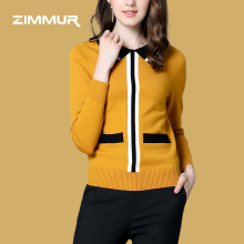 ZIMMUR18秋季新款 时尚优雅长袖撞色毛衫翻领修身百搭女士针织衫图片