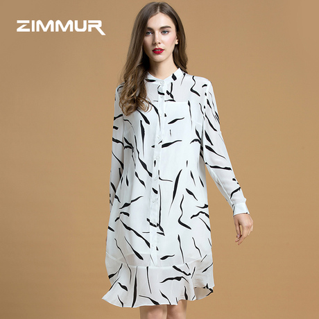 ZIMMUR2018秋装新款女装收腰修身桑蚕丝印花裙子长袖真丝连衣裙女商品大图