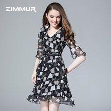 ZIMMUR2018夏季新款V领喇叭袖桑蚕丝正式场合印花真丝连衣裙图片