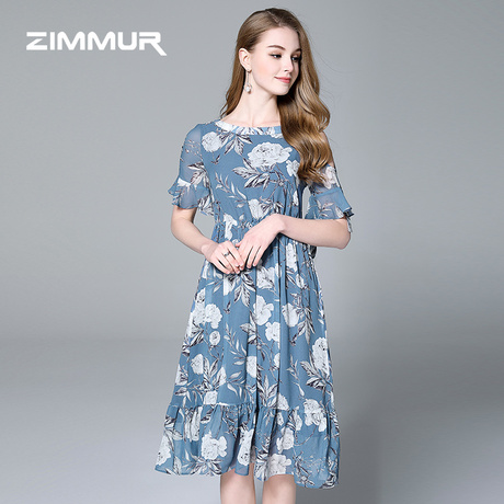 ZIMMUR露肩荷叶袖雪纺印花连衣裙2018春夏新款修身收腰真丝连衣裙商品大图
