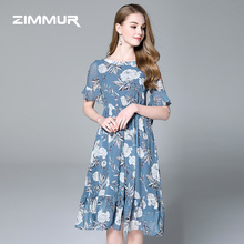 ZIMMUR露肩荷叶袖雪纺印花连衣裙2018春夏新款修身收腰真丝连衣裙图片