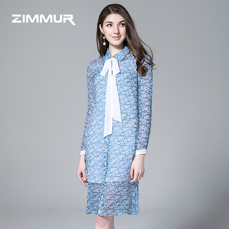 ZIMMUR蝴蝶结过膝100%桑蚕丝长裙子2018春夏新款女装真丝连衣裙商品大图