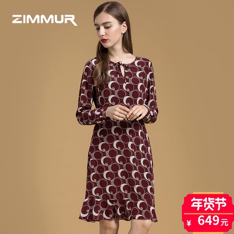 ZIMMUR2018春夏新款时尚桑蚕丝印花修身真丝长袖V领系带连衣裙女商品大图