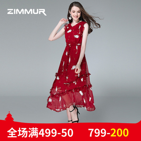 ZIMMUR夏季新款2018红色印花雪纺收腰中长款大摆无袖优雅OL连衣裙商品大图