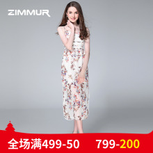 ZIMMUR夏季新款2018吊带收腰中长大摆连衣裙波西米亚度假印花雪纺图片