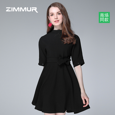 ZIMMUR秋季新款2018黑色五分袖收腰A字裙显瘦中款OL百搭连衣裙女商品大图