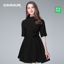 ZIMMUR秋季新款2018黑色五分袖收腰A字裙显瘦中款OL百搭连衣裙女图片