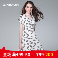 ZIMMUR夏季新品2018修身印花收腰雪纺中裙V领连衣裙短袖优雅A字裙图片