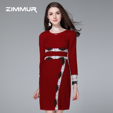 ZIMMUR秋冬新款2018蕾丝雪纺长袖拼接中长款一步裙正式场合连衣裙图片