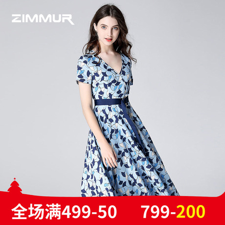 ZIMMUR夏装新品2018印花V领收腰系带绑带优雅淑女OL中长款连衣裙商品大图