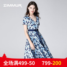ZIMMUR夏装新品2018印花V领收腰系带绑带优雅淑女OL中长款连衣裙图片