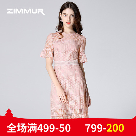 ZIMMUR夏装新品2018纯色喇叭袖修身中长款收腰蕾丝正式场合连衣裙商品大图