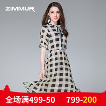 ZIMMUR夏季新款2018格子印花雪纺中长款喇叭袖大摆优雅收腰连衣裙图片