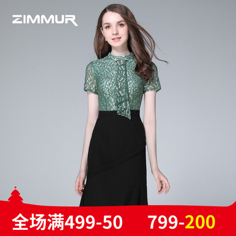 ZIMMUR夏季新款2018蕾丝拼接连衣裙修身OL收腰荷叶边鱼尾中裙女商品大图