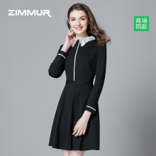 ZIMMUR秋冬新款2018黑色淑女优雅收腰显瘦A字裙长袖衬衫领连衣裙图片