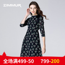 ZIMMUR夏装新品2018收腰中长款印花雪纺九分袖OL修身优雅连衣裙女图片