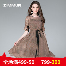 ZIMMUR夏季新款2018喇叭袖收腰透视中长款抽身中长雪纺印花连衣裙图片