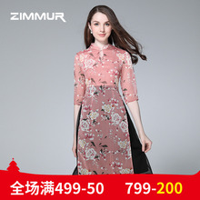 ZIMMUR夏装新款2018旗袍复古风印花侧开叉中长雪纺碎花拼接连衣裙图片