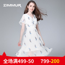 ZIMMUR夏季新款2018大摆荷叶边雪纺仙女中长印花优雅收腰OL连衣裙图片