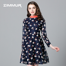 ZIMMUR秋冬新款2018欧根纱印花收腰中款A字裙长袖碎花优雅连衣裙图片