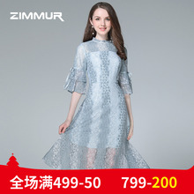 ZIMMUR夏季新款2018喇叭袖中长款大摆鱼尾荷叶边纯色OL蕾丝连衣裙图片