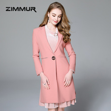 ZIMMUR秋冬新款2018粉色收腰中长外套西装经典时尚修身OL职业装女图片
