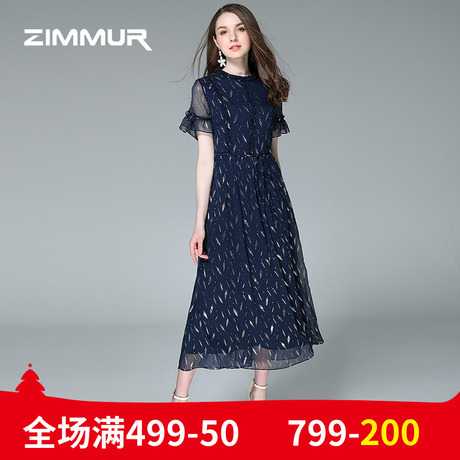 ZIMMUR夏季新款2018印花喇叭袖雪纺中长款大摆收腰优雅碎花连衣裙商品大图