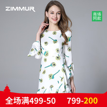 ZIMMUR清新雪纺印花荷叶袖连衣裙2018夏季新款女装收腰修身鱼尾裙图片