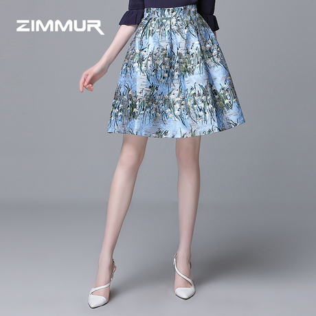 ZIMMUR秋冬新款2018印花A字裙伞裙优雅高腰蓝色花短裙OL女半身裙商品大图