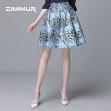 ZIMMUR秋冬新款2018印花A字裙伞裙优雅高腰蓝色花短裙OL女半身裙图片