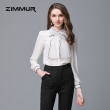ZIMMUR秋冬新款2018知性优雅纯色雪纺米白色长袖上衣蝴蝶结衬衫女图片