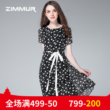 ZIMMUR夏季新品2018蝴蝶结收腰系A字裙优雅带雪纺波点印花连衣裙商品大图