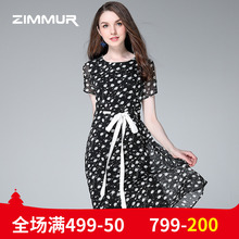 ZIMMUR夏季新品2018蝴蝶结收腰系A字裙优雅带雪纺波点印花连衣裙图片