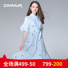 ZIMMUR夏季新品2018立领收腰蝴蝶结系带印花中长款雪纺优雅连衣裙图片
