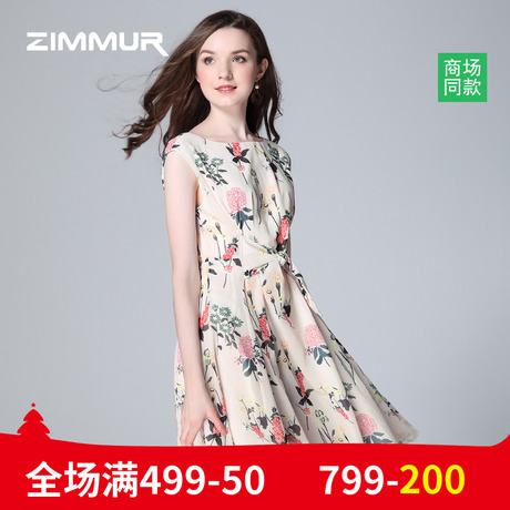 ZIMMUR夏季新品2018印花无袖蝴蝶结收腰修身A字裙中裙雪纺连衣裙商品大图